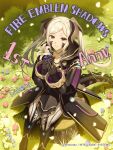  1girl absurdres dolustoy dragon_girl dragon_horns dragon_tail facial_mark female_robin_(fire_emblem) female_robin_(tactician)_(fire_emblem) fire_emblem fire_emblem_awakening fire_emblem_shadows flower highres holding holding_flower hooded_robe horns joints long_hair looking_at_viewer mechanical_hands official_alternate_costume on_tree_stump pants purple_eyes robe robot_girl robot_joints second-party_source shirt sitting solo tail tattoo twintails white_hair 