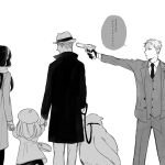  2boys 2girls aiming anya_(spy_x_family) bag bond_(spy_x_family) child coat commentary_request dog dual_persona great_pyrenees greyscale gun gun_to_another's_head handgun hat highres holding holding_gun holding_hands holding_leash holding_weapon jacket leash long_hair long_sleeves medium_hair monochrome multiple_boys multiple_girls necktie outstretched_arm pants parted_lips short_hair shoulder_bag simple_background smile speech_bubble spy_x_family suit_jacket tarutaruso3 translation_request twilight_(spy_x_family) vest waistcoat weapon white_background winter_clothes yor_briar 