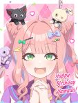 1girl ahoge blue_bow blue_hair blush bow braid braided_base bun_with_braided_base commentary_request cone_hair_bun confetti double_bun drill_hair green_bow green_eyes hair_bow hair_bun hair_ornament hairclip happy_birthday heart highres interlocked_fingers kuga011111111 laugh_diamond long_hair multicolored_hair open_mouth own_hands_clasped own_hands_together pink_hair shine_post shirt sidelocks solo stuffed_toy twin_drills two-tone_hair upper_body yamada_kanon 