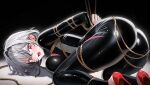  1girl ass black_bodysuit bodysuit breasts grey_hair hair_between_eyes high_heels highres honeyz large_breasts looking_at_viewer medium_hair ohwayo open_mouth project_i red_eyes red_shoes shibari shoes solo thighs virtual_youtuber yamu_(yamu_030) 