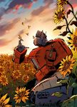  1boy armor artist_name autobot blue_armor blue_eyes blue_sky bug butterfly butterfly_on_hand butterfly_on_nose cloud commentary cybertronian english_commentary field flower flower_field full_body gradient_sky grey_armor highres humanoid_robot looking_at_animal male_focus mecha mecha_focus mist3r_malware optimus_prime optimus_prime_(skybound) orange_butterfly orange_sky profile red_armor robot science_fiction seiza signature sitting sky solo sunflower sunflower_field sunset transformers transformers_(skybound) 