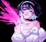 1girl alien_stage bare_shoulders black_background black_hair blood blood_from_neck blood_spray bow chest_bow colored_blood death dress dress_bow earrings flower hairband highres jewelry lily_(flower) noha-86 off-shoulder_dress off_shoulder pearl_earrings pink_blood puffy_sleeves purple_eyes short_hair smile solo sphere_earrings sua_(alien_stage) white_bow white_dress white_flower white_hairband white_lily 