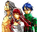  2boys blue_hair glasses gothic_lolita kotobuki_toro lolita_fashion multiple_boys persona persona_3 red_hair sakaki_takaya shirato_jin yoshino_chidori 