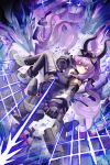  1girl aaroza absurdres arknights arknights:_endfield bad_id bad_pixiv_id black_boots black_gloves black_horns boots bow_(weapon) breasts closed_mouth commentary detached_sleeves drawing_bow drill_hair english_commentary full_body gloves hairband highres holding holding_bow_(weapon) holding_weapon horns huge_weapon long_hair looking_at_viewer medium_breasts purple_eyes purple_hair solo tail thighhighs twin_drills typhoeus_(arknights) typhon_(arknights) weapon 
