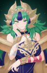  1girl arm_wrap bare_shoulders blush breasts closed_mouth commentary doiparuni dress fire_emblem fire_emblem:_fortune's_weave green_eyes green_hair hair_ornament headpiece highres large_breasts long_hair long_pointy_ears looking_at_viewer pointy_ears purple_dress ribbon simple_background smile solo sothis_(adult)_(fire_emblem) sothis_(fire_emblem) tassel tassel_hair_ornament tiara upper_body 