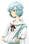  arm_sling ayanami_rei bandage_over_one_eye bandages blue_hair cast collaboration moumuri neon_genesis_evangelion pale_skin red_eyes school_uniform shanghai_man short_hair solo 