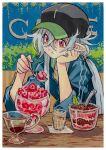  1girl 2023 absurdres aeria_(eudetenis) artist_name baseball_cap black_hat blue_jacket border chewing coffee commentary crossed_bangs cup dessert drinking_glass eating elbows_on_table elf eudetenis food fruit glasses green_hat grey_hair hands_up hat head_rest highres holding holding_spoon jacket light_blush long_hair long_pointy_ears long_sidelocks looking_ahead original pointy_ears ponytail red_eyes rimless_eyewear round_eyewear scar scar_on_cheek scar_on_face shirt sidelocks sitting solo spoon strawberry three-quarter_sleeves traditional_media two-tone_hat white_border yellow_shirt 
