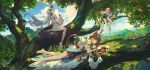  4girls absurdres arknights armlet artist_logo bare_shoulders barefoot bikini black_horns black_tail blue_dress blue_eyes blue_flower branch breasts brown_hair brown_tail chinese_commentary closed_mouth cloud commentary_request dappled_sunlight day dress earrings eyewear_on_head feet flower gloves gold_armlet gold_jewelry green_eyes hair_flower hair_ornament hair_ribbon haruka_(arknights) heart heart-shaped_eyewear highres holding horns hua_ming_wink jewelry leaf logo long_hair looking_at_viewer lying medium_breasts multiple_girls myrtle_(arknights) nature necrass_(arknights) necrass_(summer_flowers)_(arknights) official_alternate_costume on_tree one_eye_closed orange_gloves orange_hair outdoors pepe_(arknights) pepe_(nuit_of_the_nightsky)_(arknights) plant pointy_ears profile purple_ribbon red_eyes ribbon sitting soles split_mouth sunlight swimsuit tail toes tree very_long_hair watermark white_bikini white_dress white_hair 