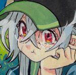  1girl aeria_(eudetenis) baseball_cap black_hat blue_jacket chewing close-up commentary cropped crossed_bangs eating elf eudetenis glasses green_hat grey_hair hand_up hat head_rest jacket light_blush long_pointy_ears looking_ahead original pointy_ears portrait red_eyes rimless_eyewear round_eyewear scar scar_on_cheek scar_on_face sidelocks solo traditional_media two-tone_hat 