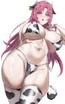  1girl animal_ears animal_print bikini black_nails breasts character_name commentary_request cow_ears cow_horns cow_print cow_print_bikini cow_print_thighhighs cow_tail diavolo genderswap genderswap_(mtf) green_eyes hand_in_own_hair highres horns jojo_no_kimyou_na_bouken large_breasts lipstick long_hair looking_at_viewer makeup nail_polish navel nonokonmt pink_hair print_bikini print_thighhighs purple_lips side-tie_bikini_bottom simple_background solo spotted_hair stomach string_bikini swimsuit tail tattoo thighhighs thighs vento_aureo white_background 