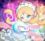 1girl alrischa_(puyopuyo) aquarius_(symbol) aries_(symbol) ball blonde_hair blue_eyes brown_halo cancer_(symbol) commentary_request crystal_ball fins floating_hair hagoromo halo head_chain head_fins holding holding_ball jewelry leo_(symbol) long_hair looking_at_object low_twintails maid_headdress merfolk mermaid monster_girl official_style open_mouth parted_bangs pearl_hair_ornament pimyuhuwa pink_halo pisces_(symbol) puyopuyo puyopuyo_quest shawl shirt smile solo strapless strapless_shirt taurus_(symbol) twintails twitter_username upper_body virgo_(symbol) white_shirt 