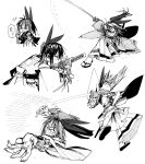  +_+ 1girl absurdres blank_eyes commentary_request fighting_stance hakama highres holding holding_sword holding_weapon isekai_samurai japanese_clothes katana looking_at_viewer monochrome multiple_views ready_to_draw sa10_e scar scar_on_face scar_on_nose serious sheath sheathed simple_background slashing sparkle sword translation_request tsukitsuba_ginko weapon white_background 