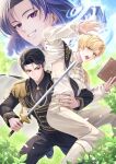  1girl 2boys alternate_costume arm_around_another's_waist black_eyes black_jacket black_shirt blonde_hair book brooch bush collared_shirt commentary_request dreaming_nozomu epaulettes feet_out_of_frame frills glaring gold_trim grin han_sooyoung hand_up highres holding holding_book holding_sword holding_weapon jacket jewelry kim_dokja lapel_chain looking_to_the_side mole mole_under_eye multiple_boys omniscient_reader's_viewpoint outdoors plant protecting purple_eyes purple_hair ricardo_von_kaizenix schweichen_von_kaizenix serious shirt short_hair smile sword weapon white_jacket white_shirt yoo_joonghyuk yuri_di_aristel 