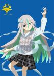  1girl 2026 arm_up blue_background commentary_request dragon_girl dragon_musume_ni_naritakunai! duel_masters green_hair hair_between_eyes hair_ornament hatandbeard4163 highres long_hair looking_at_viewer magic:_the_gathering multicolored_hair personification simple_background skirt solo streaked_hair ugin_(magic:_the_gathering) 