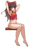  1girl absurdres armpits arms_up ascot barefoot bilingual_commentary bobobert bottomless bow breasts brown_eyes brown_hair closed_mouth commentary english_commentary frilled_bow frilled_hair_tubes frills full_body hair_bow hair_tubes hakurei_reimu highres long_hair looking_at_viewer mixed-language_commentary navel no_detached_sleeves paid_reward_available red_bow simple_background small_breasts solo stomach thighs toes touhou white_background yellow_ascot 