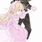 1boy 1girl absurdres blonde_hair blush bow bowtie colorized cropped detached_sleeves dress frilled_dress frilled_sleeves frilled_umbrella frills from_side gosick green_eyes headdress highres holding holding_hands holding_umbrella kujou_kazuya lace_trim lolita_fashion official_art parasol pearl_trim petticoat pink_dress pink_headdress simple_background takeda_hinata third-party_edit umbrella victorica_de_blois white_background 