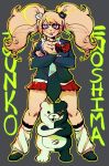  absurdres bear_hair_ornament big_hair black_nails black_shirt blonde_hair blue_eyes bow bra character_name crossed_arms danganronpa:_trigger_happy_havoc danganronpa_(series) enoshima_junko grey_background hair_ornament highres jewelry monokuma necktie red_bow red_nails red_skirt redesign ring shirt shirt_bow simple_background skirt stuffed_animal stuffed_toy sugarrcola teddy_bear twintails two-tone_necktie underwear white_necktie 