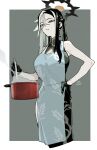  1girl absurdres apron bare_shoulders black_dress black_eyes blue_apron blue_archive breasts chinese_clothes cleavage commentary_request cooking dress earrings grey_background hair_between_eyes halo hand_on_own_hip highres holding holding_ladle jewelry kai_(blue_archive) ladle multicolored_hair qipao sa10_e simple_background solo split-color_hair white_hair 