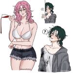  2girls ? alcohol alien_stage artist_name black_hair blush bra breasts collarbone commentary cup drinking_glass highres jacket kaoruchihiro large_breasts long_hair long_sleeves looking_at_viewer low_ponytail mizi_(alien_stage) mizi_(zombie_stage) multiple_girls pink_hair ponytail purple_hair red_wine short_hair shorts simple_background smile sua_(alien_stage) sua_(zombie_stage) thick_eyebrows underwear white_background wine wine_glass yellow_eyes yuri zombie_stage 