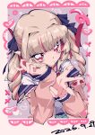  1girl absurdres blonde_hair cardigan cardigan_partially_removed choker commentary dated demon_girl demon_wings hair_intakes hair_ribbon hair_rings hand_on_own_face highres long_hair long_sleeves looking_at_viewer makaino_ririmu makaino_ririmu_(4th_costume) multicolored_hair nijisanji off_shoulder okitya open_cardigan open_clothes pink_cardigan pink_eyes pink_hair pointy_ears red_choker red_wings ribbon school_uniform serafuku shirt solo two_side_up untranslatable_commentary virtual_youtuber w white_shirt wings 