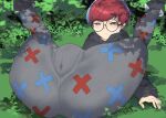  1girl absurdres black_sweater commentary_request crotch_focus glasses grass grey_eyes grey_pantyhose gusset highres kuma_(jk0073) legs_up lying multicolored_hair on_back outdoors pantyhose penny_(pokemon) pokemon pokemon_scarlet_and_violet pussy_juice_stain red_hair round_eyewear solo sweater two-tone_hair 