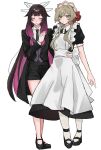  2girls apron arm_across_chest arm_around_another's_waist arm_at_side black_dress black_hair black_jacket black_necktie black_shoes black_shorts blue_eyes bow brown_hair butler closed_eyes collared_shirt colored_inner_hair columbina_(genshin_impact) commentary_request dress frilled_apron frills full_body genshin_impact gradient_hair hair_bow hair_over_shoulder head_wings highres jacket long_dress long_hair long_sidelocks maid maid_apron mary_janes mini_wings multicolored_hair multiple_girls multiple_wings necktie open_clothes open_jacket pantyhose parted_lips purple_hair purple_vest red_bow sandrone_(genshin_impact) shirt shoes short_hair_with_long_locks short_shorts short_sleeves shorts sidelocks simple_background smile standing straight_hair suit suit_jacket very_long_hair vest waistcoat white_background white_pantyhose white_shirt white_wings wings wkasgnsn 
