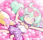  1girl ball ball_pit bare_arms blue_hair blush_stickers bow brown_eyes commentary_request dress elisa_(puyopuyo) elisa_(summer_break)_(puyopuyo) eyewear_on_head feet_out_of_frame flower grin hair_bow hand_up hat hat_flower holding holding_ball looking_at_viewer lying neckerchief official_alternate_costume official_style on_back pimyuhuwa pink-tinted_eyewear pink_flower pleated_dress purple_bow purple_dress purple_sailor_collar puyopuyo puyopuyo_quest sailor_collar shirt sleeveless sleeveless_shirt smile solo straw_hat sunglasses sunlight tinted_eyewear twintails twitter_username white_shirt yellow-framed_eyewear yellow_neckerchief 