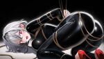  1girl ass black_bodysuit bodysuit breasts grey_hair hair_between_eyes high_heels highres honeyz large_breasts looking_at_viewer medium_hair ohwayo open_mouth project_i red_eyes red_shoes shibari shoes solo thighs virtual_youtuber yamu_(yamu_030) 