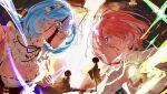  2girls aerokinesis apron black_ribbon blood blood_from_forehead blood_on_face blue_eyes blue_hair breasts cleavage commentary detached_sleeves duel frilled_sleeves frills hair_ornament hair_over_one_eye hair_ribbon head_wreath highres horns kneeling light_rays magic maid maid_headdress mqiii9 multiple_girls pink_ribbon ram_(re:zero) re:zero_kara_hajimeru_isekai_seikatsu rem_(re:zero) ribbon ribbon_trim roswaal_mansion_maid_uniform short_hair siblings single_horn sisters twins underbust untranslatable_commentary waist_apron wind 