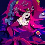  1girl bad_id bad_pixiv_id black_background breasts candy candy_addict_full_course_(vocaloid) detached_sleeves dress drooling food hair_ornament hairclip hatsune_miku heterochromia looking_at_viewer medium_breasts parallel_hairclips pink_dress pink_hair pink_sleeves purple_eyes solo stitched_arm stitched_face stitches twintails vocaloid yellow_eyes zippo_(3756c) 