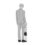  2boys aged_down child comforting commentary_request crying dual_persona full_body greyscale highres jacket long_sleeves male_focus monochrome multiple_boys pants shoes short_hair shorts simple_background socks spy_x_family standing suit suit_jacket suspender_shorts suspenders tarutaruso3 time_paradox twilight_(spy_x_family) white_background 