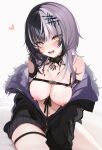  1girl :d arm_strap black_choker black_hair black_jacket breast_strap breasts choker commentary fur-trimmed_jacket fur_trim grey_hair highres hololive hololive_english jacket koahri large_breasts long_hair looking_at_viewer multicolored_hair naked_jacket navel nipples off_shoulder open_mouth shiori_novella shiori_novella_(1st_costume) sitting smile solo split-color_hair stomach two-tone_hair virtual_youtuber yellow_eyes 