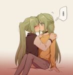  2girls alonemistrist chinese_commentary chinese_text closed_eyes commentary_request facing_another green_eyes green_hair hair_ribbon hands_on_another's_shoulders higurashi_no_naku_koro_ni incest kiss long_hair long_sleeves looking_at_another multiple_girls ribbon siblings sisters sitting sonozaki_mion sonozaki_shion speech_bubble thought_bubble translation_request twincest twins very_long_hair yellow_ribbon yuri 