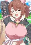  1girl ahoge animal_ears black_shrug blush breasts brown_hair checkered_ribbon closed_eyes commentary_request dantsu_flame_(center_spotlight)_(umamusume) dantsu_flame_(umamusume) ear_covers ear_ribbon ekazawa_sdvx hair_between_eyes hairband highres horse_ears horse_girl large_breasts midriff multicolored_hair navel open_mouth outdoors pink_hairband shirt shrug_(clothing) smile solo sweat teeth tied_shirt umamusume upper_teeth_only white_hair 