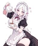  1girl apron black_dress blue_eyes blush character_request check_character check_copyright commentary commission copyright_request cup dress elf english_commentary frilled_apron frilled_sleeves frills grey_hair hand_up hannie_(hanreiei) heart highres holding holding_plate holding_teapot long_pointy_ears looking_at_viewer maid maid_apron maid_headdress medium_hair multicolored_eyes mushoku_tensei neck_ribbon notice_lines open_mouth parted_bangs plate pointy_ears pouring red_eyes red_ribbon ribbon short_sleeves simple_background smile solo straight_hair sylphiette_(mushoku_tensei) tea teacup teapot thick_thighs thighs two-tone_eyes white_apron white_background white_wrist_cuffs wrist_cuffs 