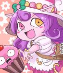  :d alternate_costume bag bittersweet_lulu candy candy_cane colorized cupcake fang food green_dew hat heterochromia league_of_legends long_hair lulu_(league_of_legends) open_mouth purple_hair smile solo witch_hat yordle 