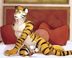  bed chastity chastity_cage cum cum_drip dripping feline flaccid green_eyes looking_at_viewer male mammal no_swift nude penis pillow pose solo stripes tiger 