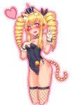  absurdres animal_ears blonde_hair blush bow bowtie cat_ears crown detached_collar drill_hair ear_blush fishnet_legwear fishnets gloves highres kittysuit leotard long_hair phantasy_star phantasy_star_online red_eyes shennai_misha tail thighhighs twin_drills twintails v wavy_mouth wrist_cuffs 