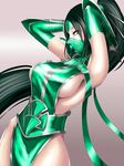  akali alternate_costume black_hair breasts elbow_gloves face_mask forehead_protector gloves green_eyes hands_in_hair highres kumiko_shiba large_breasts league_of_legends long_hair mask naked_tabard ponytail ribbon sideboob solo tabard vambraces very_long_hair 