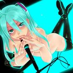  ahoge aqua_eyes aqua_hair boots detached_sleeves fingers hands hatsune_miku highres long_hair looking_at_viewer microphone microphone_stand mr.romance nude palms sexually_suggestive solo thigh_boots thighhighs tongue vocaloid 
