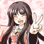  ^_^ black_hair closed_eyes happy houraisan_kaguya japanese_clothes long_hair lowres open_mouth smile solo touhou v very_long_hair wide_sleeves yuran_(kuen-hien) 