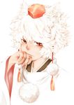  animal_ears bad_id bad_pixiv_id blush close-up hand_to_own_mouth hat inubashiri_momiji messy_hair red_eyes short_hair simple_background solo tokin_hat touhou touya_(tottoo-to) white_background white_hair wolf_ears 
