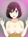  1girl aqua_eyes areolae bare_shoulders blonde_hair blue_eyes blush breasts breasts_outside brown_hair glasses gundam gundam_build_fighters kousaka_china large_breasts long_hair looking_at_viewer nipples no_bra open_mouth short_hair simple_background solo 