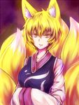  animal_ears blonde_hair colored_eyelashes fox_ears fox_tail hands_in_opposite_sleeves inaba-no-kuni-tottori multiple_tails short_hair simple_background solo tabard tail touhou upper_body yakumo_ran yellow_eyes 