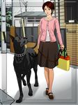  1girl bag blurry brown_hair building depth_of_field dog groceries grocery_bag looking_at_another milf outdoors outside pantyhose parted_lips shopping_bag short_hair skirt standing tankuro_(funhouse) town 