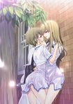  bag blonde_hair blush brown_hair flute hand_on_another's_face instrument long_hair multiple_girls original rain school_uniform short_hair takano_saku wet wet_clothes yuri 