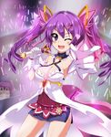  ;d aisha_(elsword) angkor_(elsword) bin1998 breasts cleavage crescent crescent_hair_ornament dimension_witch_(elsword) dual_persona elsword gloves hair_ornament hairclip large_breasts long_hair microphone miniskirt multiple_girls one_eye_closed open_mouth pointing purple_eyes purple_hair purple_skirt skirt smile twintails void_princess_(elsword) 