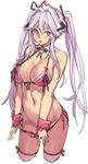  bare_shoulders blush bra breasts cleavage front-tie_top hair_ribbon headdress horns houtengeki large_breasts long_hair looking_at_viewer monster_girl navel open_mouth original panties panty_pull purple_eyes purple_hair ribbon side-tie_panties solo thighhighs twintails underwear underwear_only wrist_cuffs 