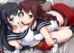  2girls agano_(kancolle) black_hair blush braids breasts brown_hair gloves green_eyes kantai_collection long_hair noshiro_(kancolle) zyaan 