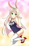  :3 akino_sora animal_ears animal_pose bangs blonde_hair blush bunny_ears bunny_tail green_eyes hair_ribbon high_heels highres kantai_collection long_hair one-piece_swimsuit red_footwear ribbon school_swimsuit shoes smile solo squatting swimsuit tail thighhighs tray white_legwear yuudachi_(kantai_collection) 